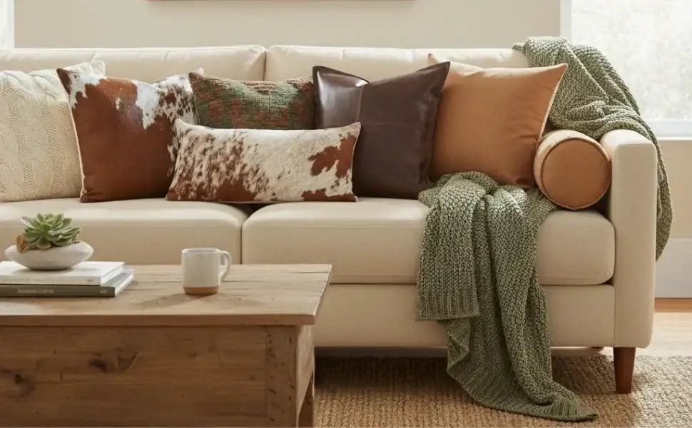 Beige sofa with assorted decorative throw pillows, knit green blanket, and wooden coffee table