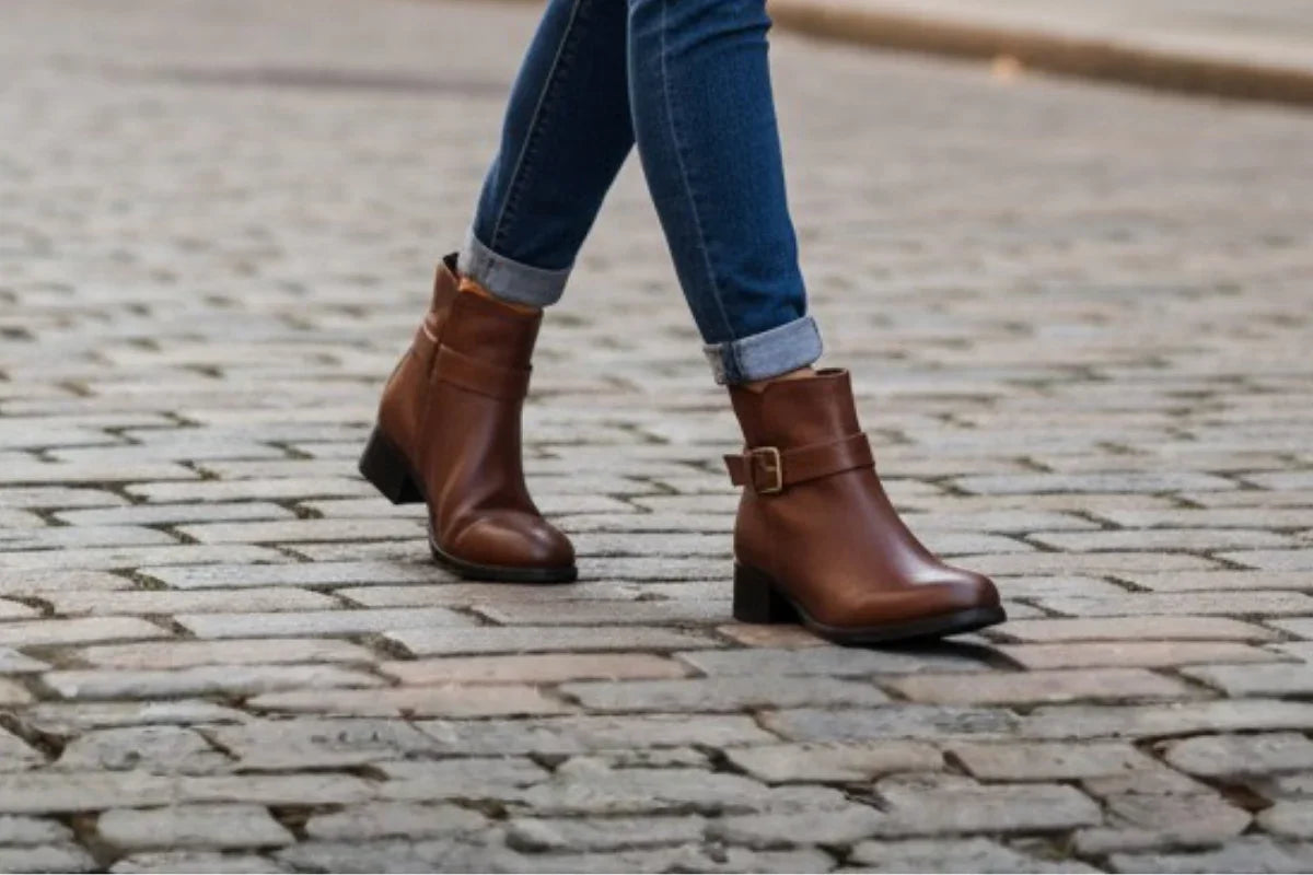 Brown leather ankle boots with buckle, worn with cuffed jeans on a cobblestone street