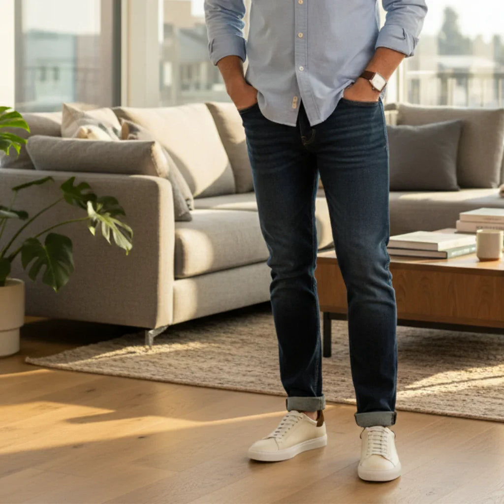 Man wearing dark blue jeans and white leather sneakers standing in modern living room