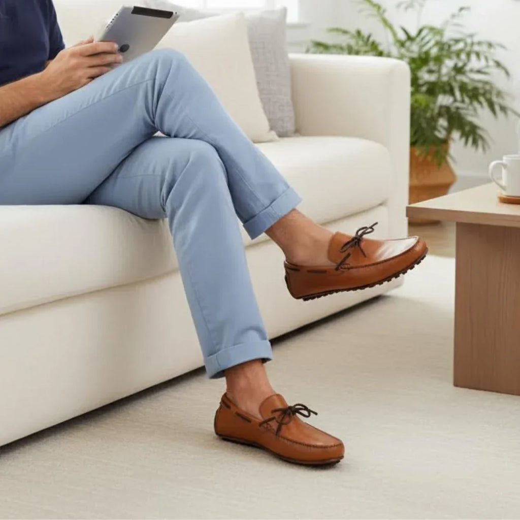 Man wearing cognac leather loafers, sitting on a couch in a modern living room