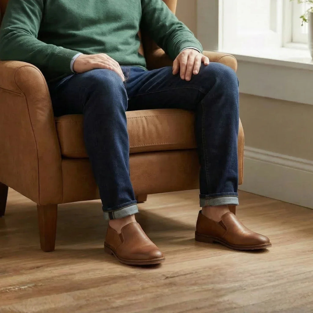 Men's cognac leather slip-on shoes with jeans, seated on a tan armchair indoors