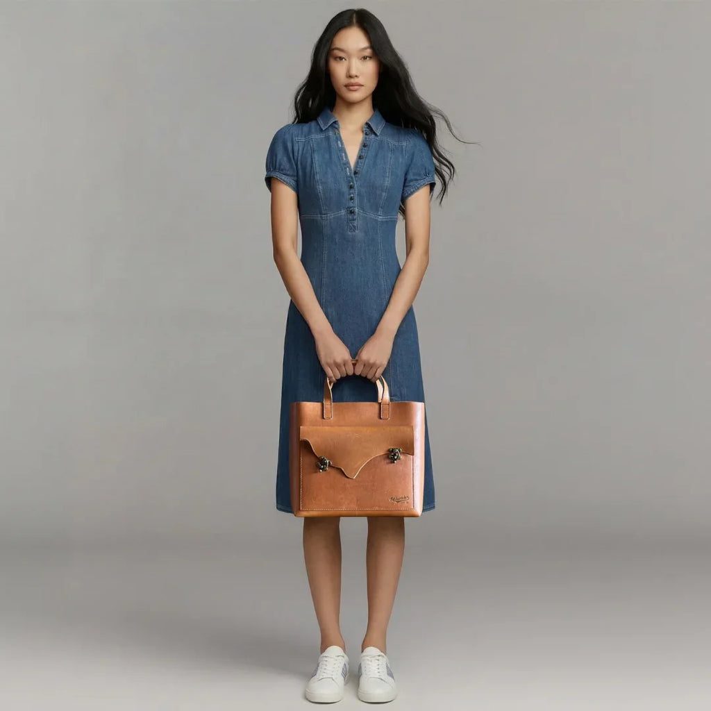 Woman in blue denim dress holding tan leather satchel handbag, fashion studio shot