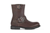 Dark brown leather boot with two buckle straps and rugged sole on white background