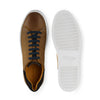 Brown leather sneaker with black laces and white rubber sole, top and sole view