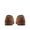 Back view of brown leather loafers with contrast stitching and green-striped heel tab