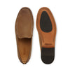 Men's clay brown leather loafers with contrast stitching and rubber sole detail, top and bottom view.