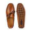 Cognac brown leather loafers with moc toe stitching and rubber studded outsoles, top and bottom view