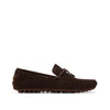 Dark brown suede driving loafer with moc toe and rubber sole, side profile on white background.