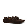 Pair of dark brown suede loafers with moc toe and rubber stud sole, side view on white background