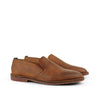 Men's camel brown leather slip-on dress shoes with rubber soles, side elastic panels