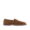 Brown suede slip-on loafer with flat sole, side profile on a white background