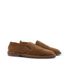 Pair of brown suede slip-on loafers with rubber soles on white background