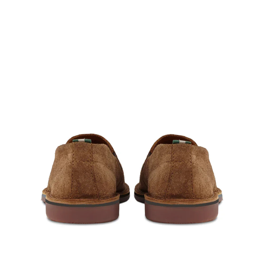 Rear view of brown suede casual shoes with visible stitching and rubber soles on white background.
