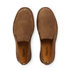 Pair of brown suede slip-on loafers with stitched detailing, viewed from above