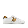 White leather sneaker with leopard print accents and stripes on a plain background