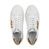 White leather sneakers with leopard print accents and laces, viewed from above on white background.