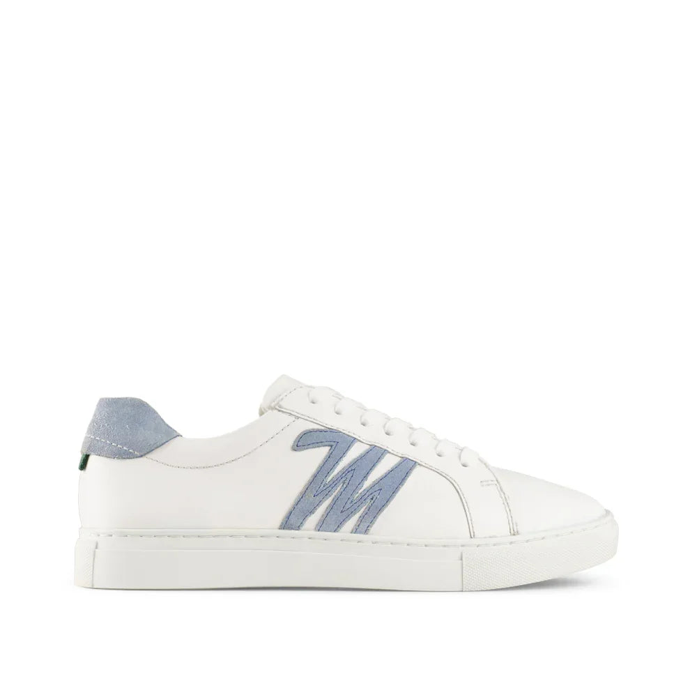 White low-top sneaker with light blue suede heel and blue stitched side detail, side view