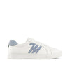 White low-top sneaker with light blue suede heel and blue stitched side detail, side view
