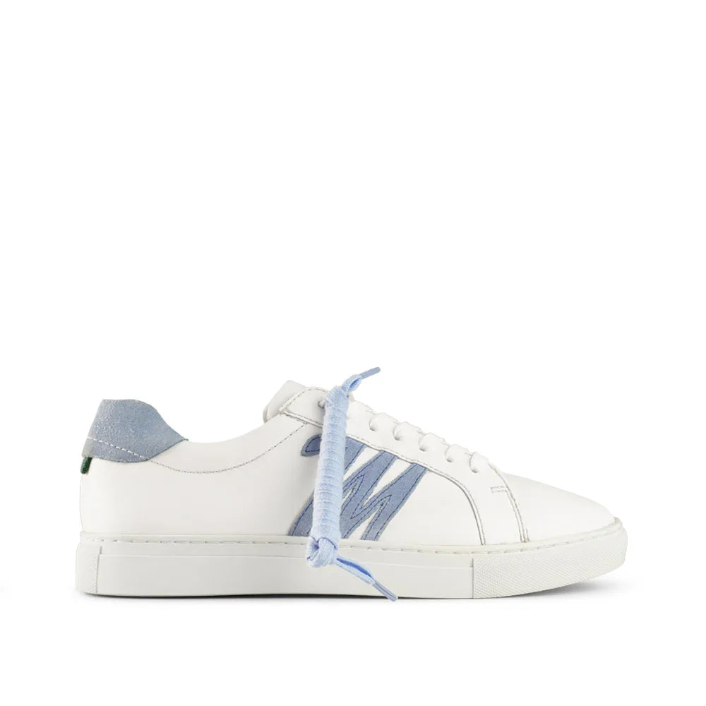 White leather sneaker with light blue suede accents and laces, side view on white background
