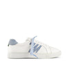 White leather sneaker with light blue suede accents and laces, side view on white background