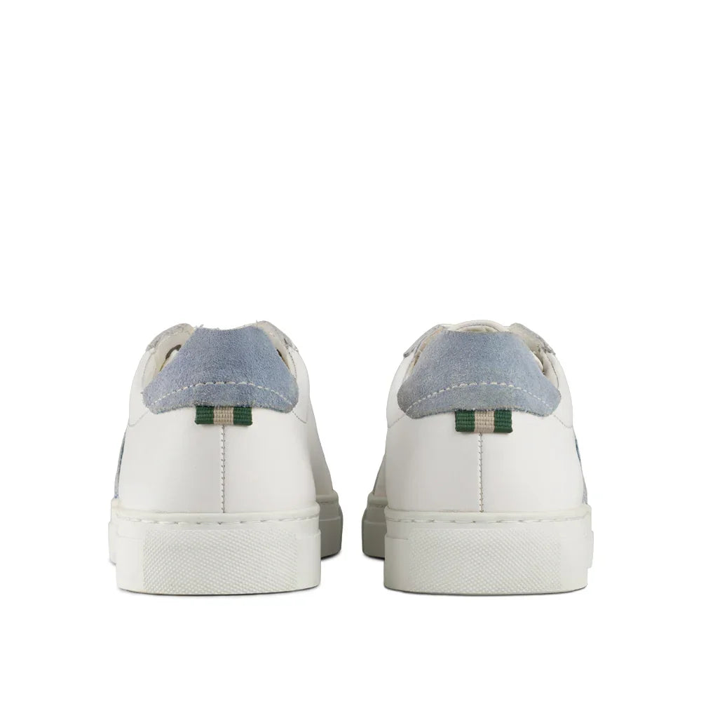 Back view of white low-top sneakers with light blue suede heel accents and green striped tabs