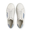 White leather sneakers with light blue suede heel accents and blue side detail, top view
