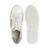 White leather sneaker with light blue suede accents, side logo, and rubber sole, top and bottom view