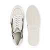 White low top sneaker with zebra print sides, flat sole, and lace-up design, top view